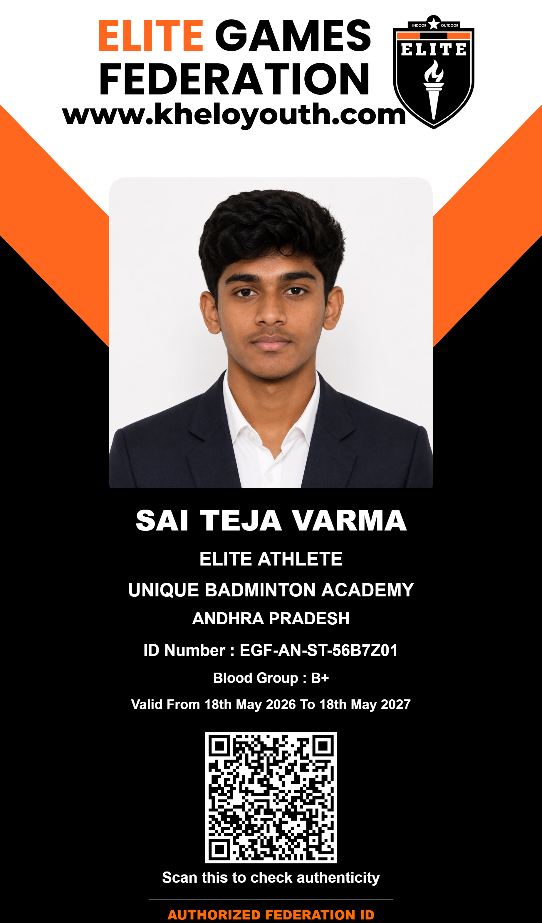 Unique Badminton Academy sample federation ID card
